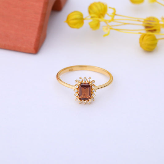 Smoky Quartz Rectangle Ring Surrounded by Real Diamonds in 14K Solid Gold, Birthstone Jewelry Queen Jewelry Rings