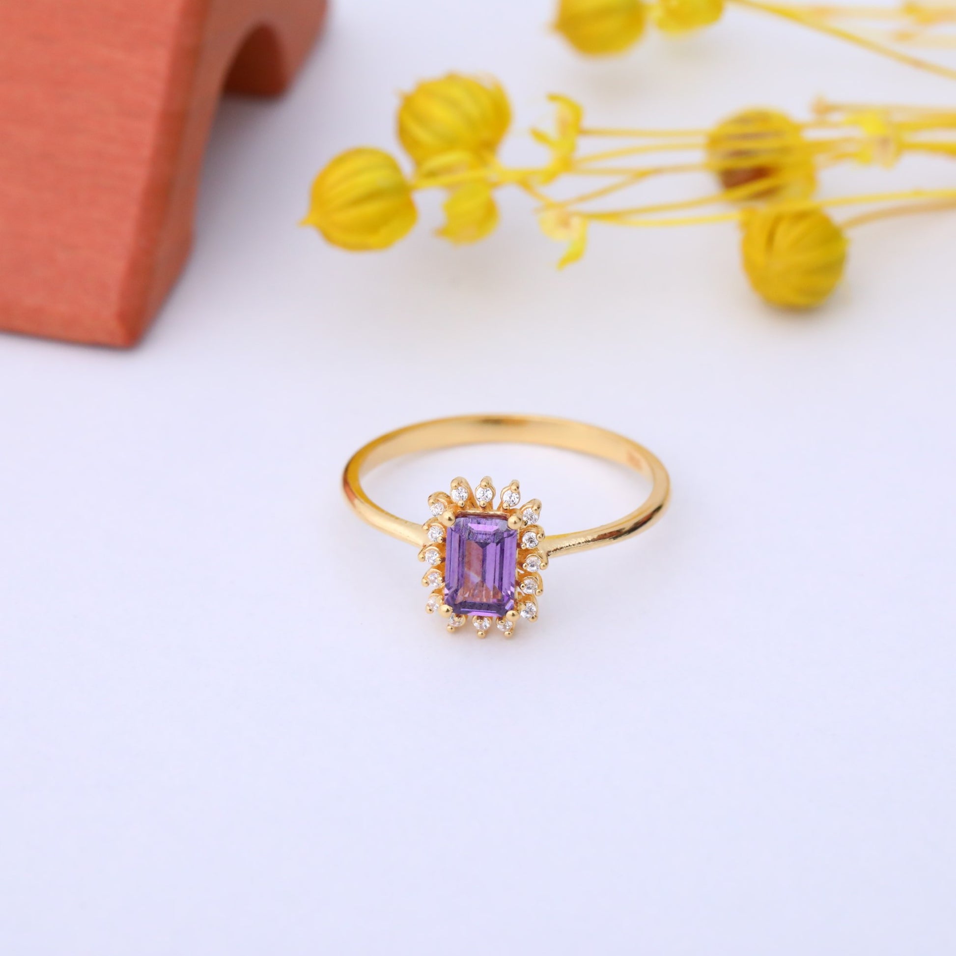Alexandrite Rectangle Ring Surrounded by Real Diamonds in 14K Solid Gold, June Birthstone Jewelry Queen Jewelry Rings
