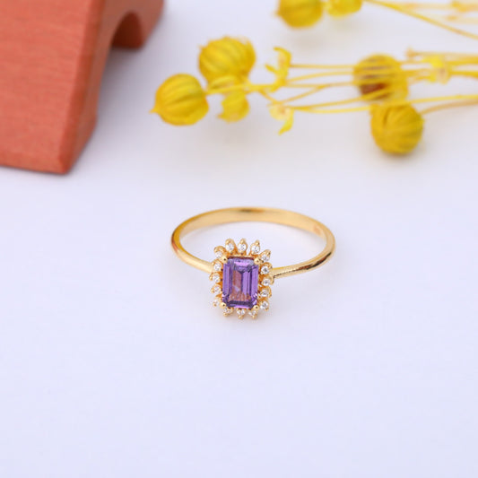 Alexandrite Rectangle Ring Surrounded by Real Diamonds in 14K Solid Gold, June Birthstone Jewelry Queen Jewelry Rings