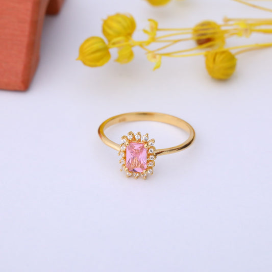 Pink Tourmaline Rectangle Ring Surrounded by Real Diamonds in 14K Solid Gold, October Birthstone Jewelry Queen Jewelry Rings