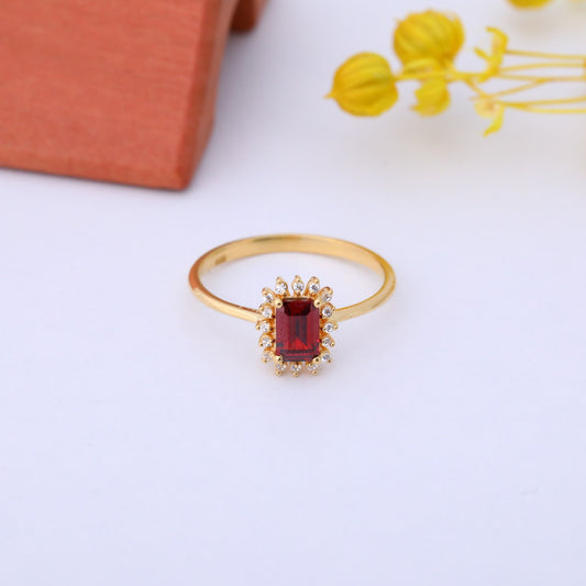 Garnet Rectangle Ring Surrounded by Real Diamonds in 14K Solid Gold, January Birthstone Jewelry Queen Jewelry Rings