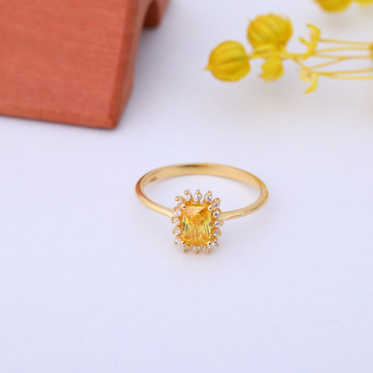 Yellow Topaz Rectangle Ring Surrounded by Real Diamonds in 14K Solid Gold, Birthstone Jewelry Queen Jewelry Rings