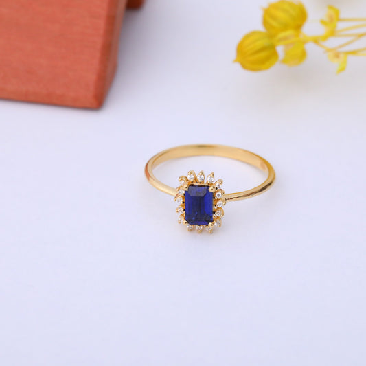 Sapphire Rectangle Ring Surrounded by Real Diamonds in 14K Solid Gold, September Birthstone Jewelry Queen Jewelry Rings