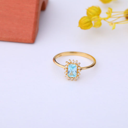 Aquamarine Rectangle Ring Surrounded by Real Diamonds in 14K Solid Gold, March Birthstone Jewelry Queen Jewelry Rings