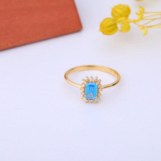 Blue Topaz Rectangle Ring Surrounded by Real Diamonds in 14K Solid Gold, December Birthstone Jewelry Queen Jewelry Rings