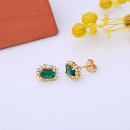Emerald Rectangle Halo Stud Earrings surrounded by Real Diamonds in 10K/14K Solid Gold, May Birthstone Jewelry