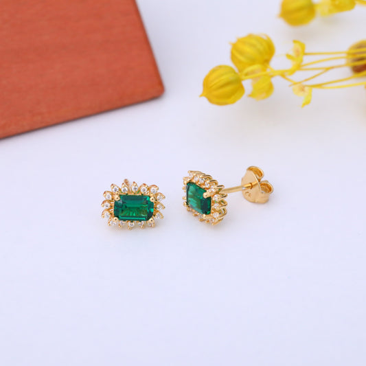 Emerald Rectangle Halo Stud Earrings surrounded by Real Diamonds in 10K/14K Solid Gold, May Birthstone Jewelry