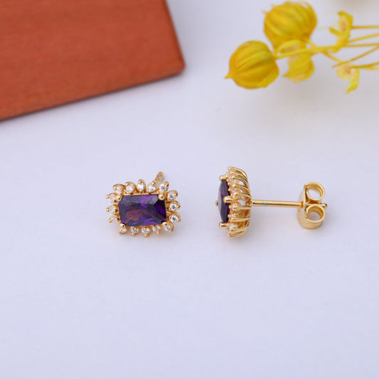 Amethyst Rectangle Halo Stud Earrings surrounded by Real Diamonds in 10K/14K Solid Gold, February Birthstone Jewelry