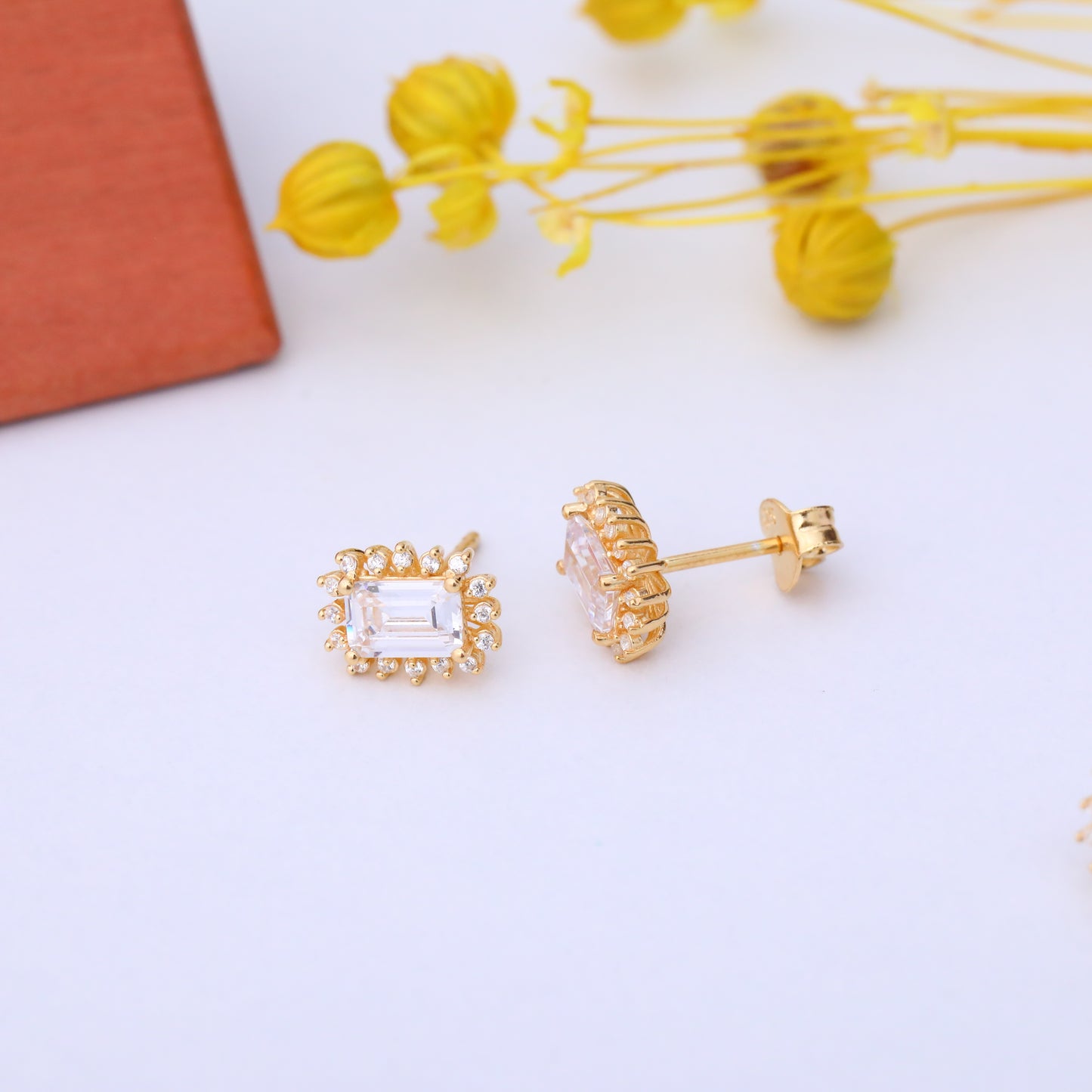 White Topaz Rectangle Halo Stud Earrings surrounded by Real Diamonds in 10K/14K Solid Gold, April Birthstone Jewelry