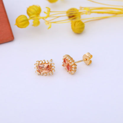 Citrine Rectangle Halo Stud Earrings surrounded by Real Diamonds in 10K/14K Solid Gold, November Birthstone Jewelry