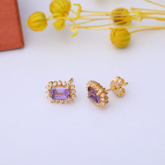 Alexandrite Rectangle Halo Stud Earrings surrounded by Real Diamonds in 10K/14K Solid Gold, June Birthstone Jewelry