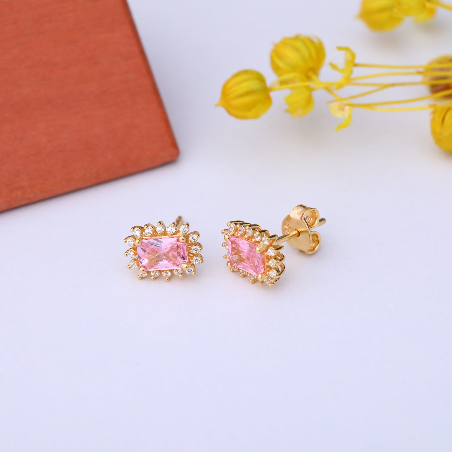 Pink Tourmaline Rectangle Halo Stud Earrings surrounded by Real Diamonds in 10K/14K Solid Gold, October Birthstone Jewelry