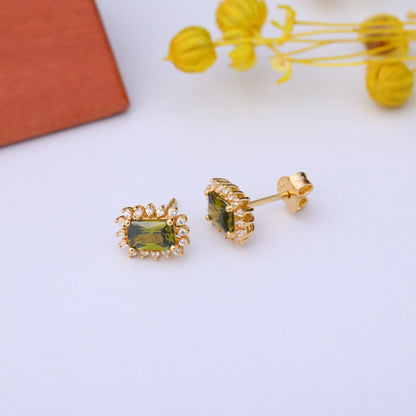 Peridot Rectangle Halo Stud Earrings surrounded by Real Diamonds in 10K/14K Solid Gold, August Birthstone Jewelry