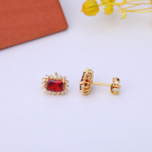 Garnet Rectangle Halo Stud Earrings surrounded by Real Diamonds in 10K/14K Solid Gold, January Birthstone Jewelry