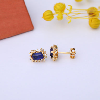Sapphire Rectangle Halo Stud Earrings surrounded by Real Diamonds in 10K/14K Solid Gold, September Birthstone Jewelry