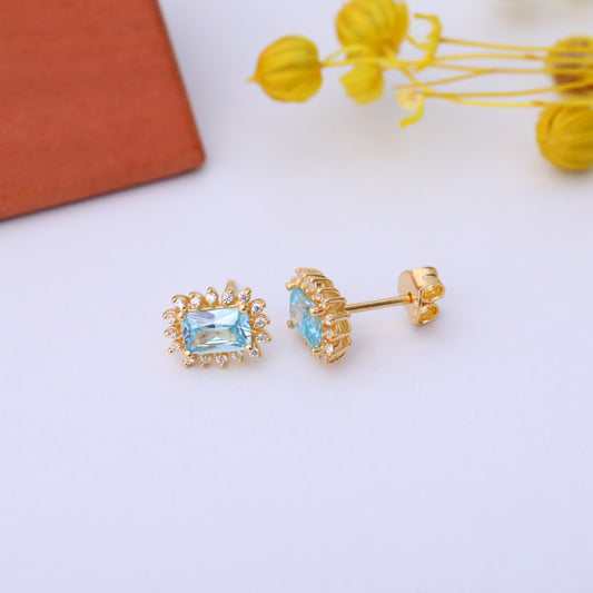 Aquamarine Rectangle Halo Stud Earrings surrounded by Real Diamonds in 10K/14K Solid Gold, March Birthstone Jewelry