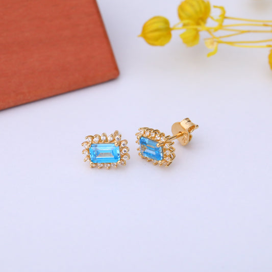 Blue Topaz Rectangle Halo Stud Earrings surrounded by Real Diamonds in 10K/14K Solid Gold, December Birthstone Jewelry