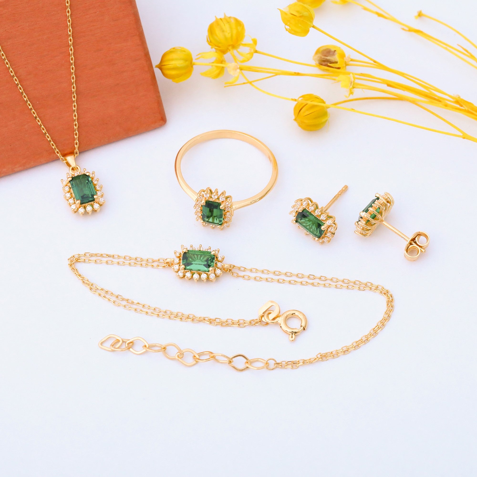 Emerald Rectangle Halo Dangling Earrings surrounded by Real Diamonds in 14K Solid Gold, May Birthstone Jewelry Queen Jewelry Earrings