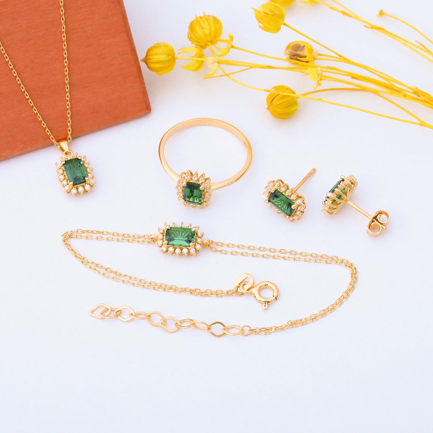 Emerald Rectangle Halo Dangling Earrings surrounded by Real Diamonds in 14K Solid Gold, May Birthstone Jewelry Queen Jewelry Earrings