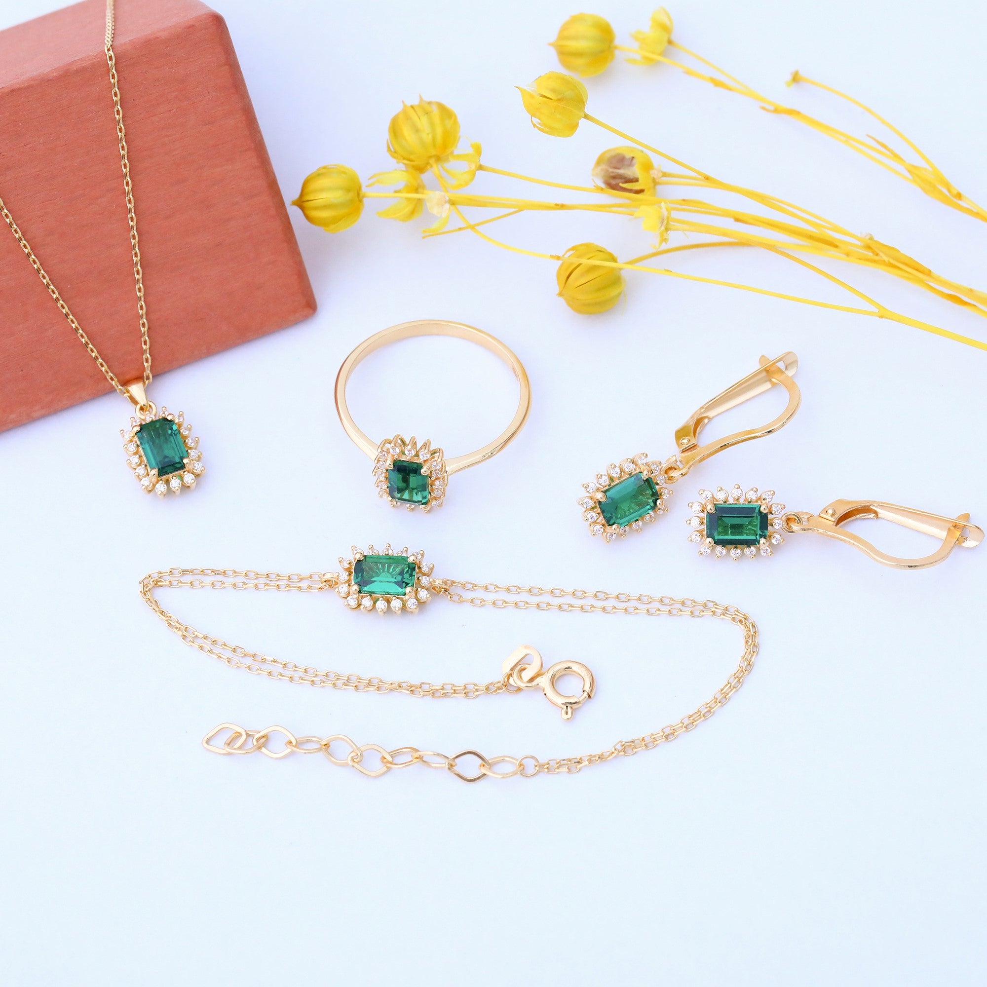 Emerald Rectangle Halo Dangling Earrings surrounded by Real Diamonds in 14K Solid Gold, May Birthstone Jewelry Queen Jewelry Earrings
