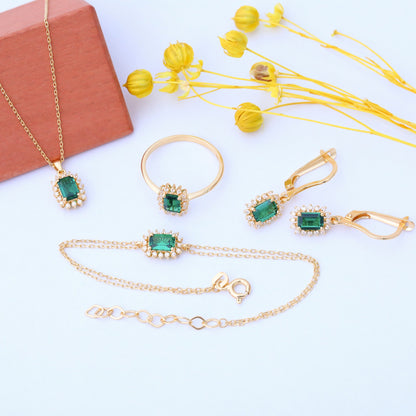 Emerald Rectangle Halo Dangling Earrings surrounded by Real Diamonds in 14K Solid Gold, May Birthstone Jewelry Queen Jewelry Earrings