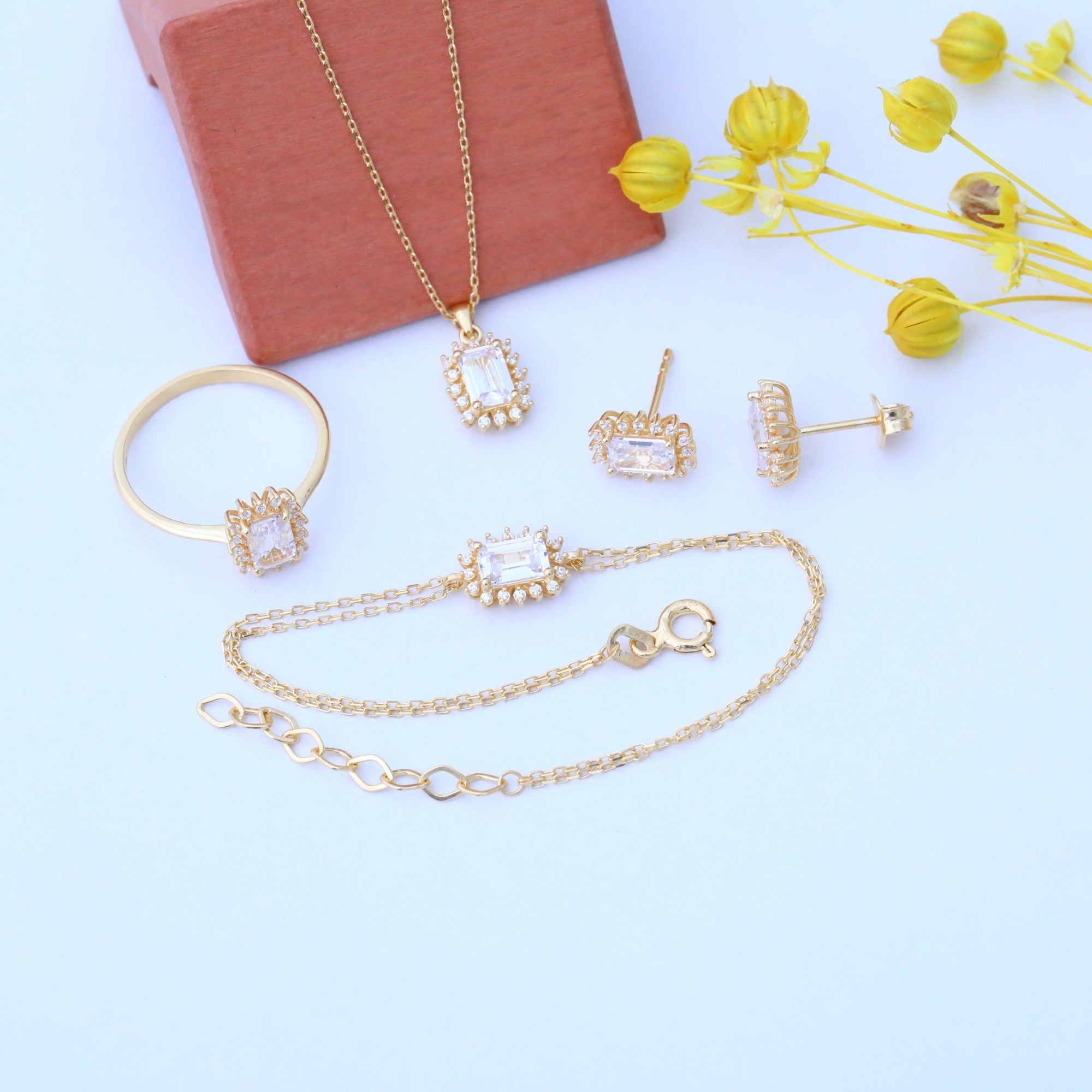 White Topaz Rectangle Halo Dangling Earrings surrounded by Real Diamonds in 14K Solid Gold, April Birthstone Jewelry Queen Jewelry Earrings