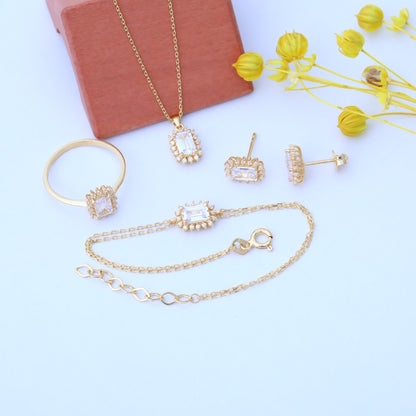White Topaz Rectangle Halo Dangling Earrings surrounded by Real Diamonds in 14K Solid Gold, April Birthstone Jewelry Queen Jewelry Earrings