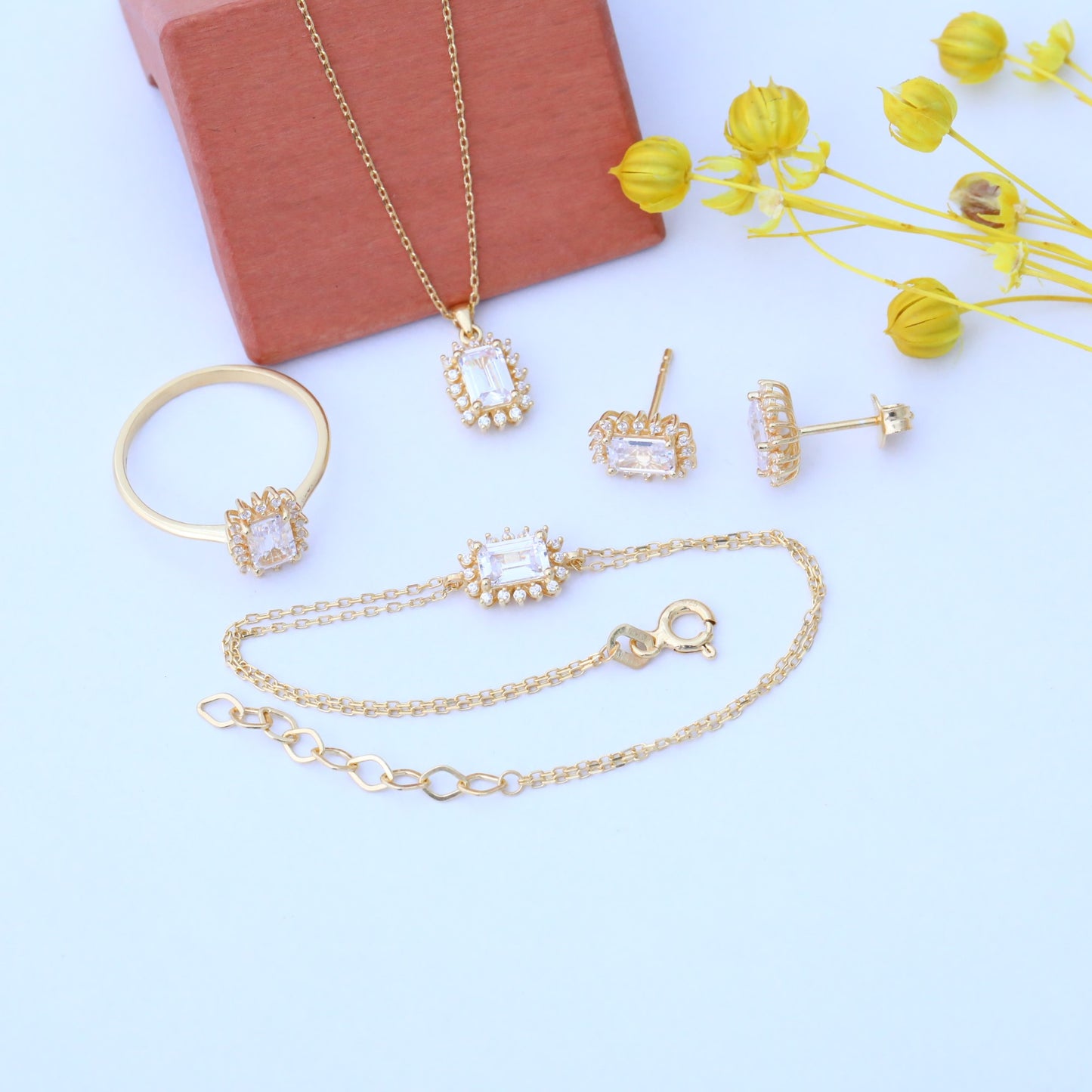 White Topaz Rectangle Bracelet surrounded by Real Diamonds in 14K Solid Gold, April Birthstone Jewelry Queen Jewelry Bracelet