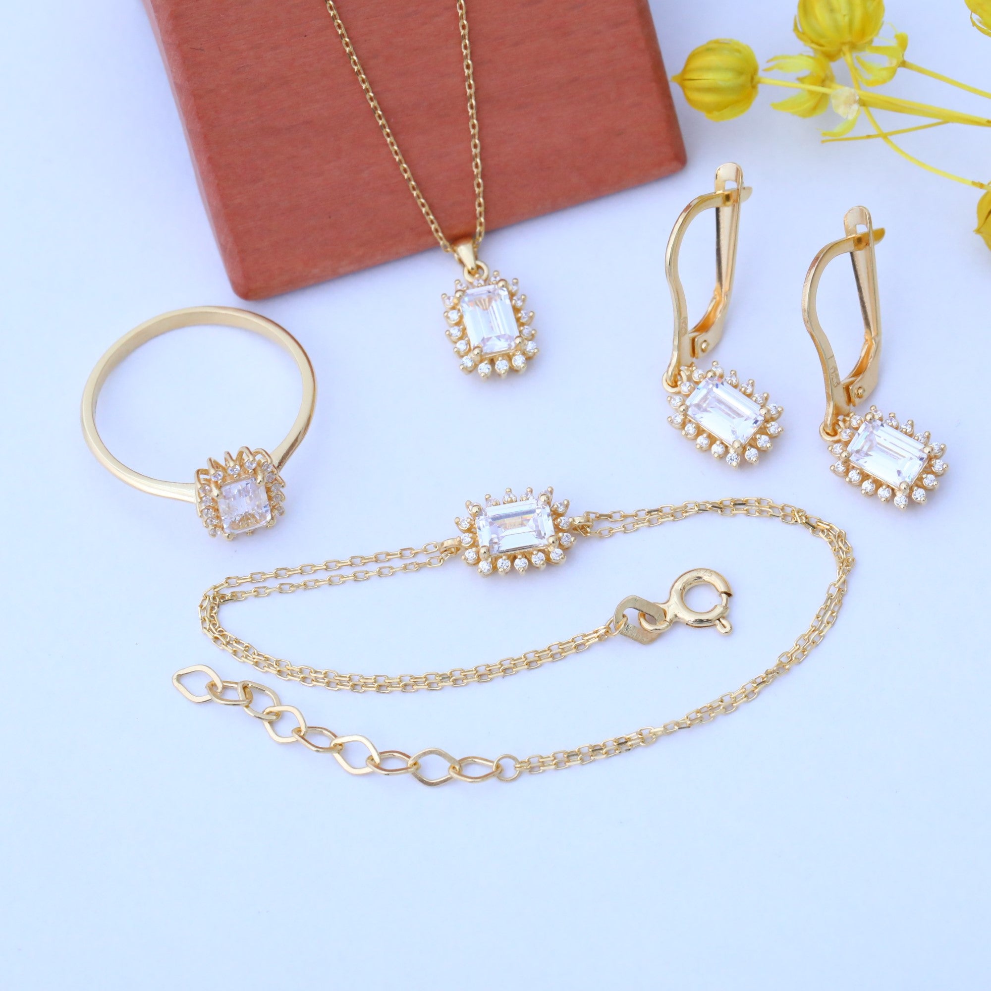 White Topaz Rectangle Halo Dangling Earrings surrounded by Real Diamonds in 14K Solid Gold, April Birthstone Jewelry Queen Jewelry Earrings