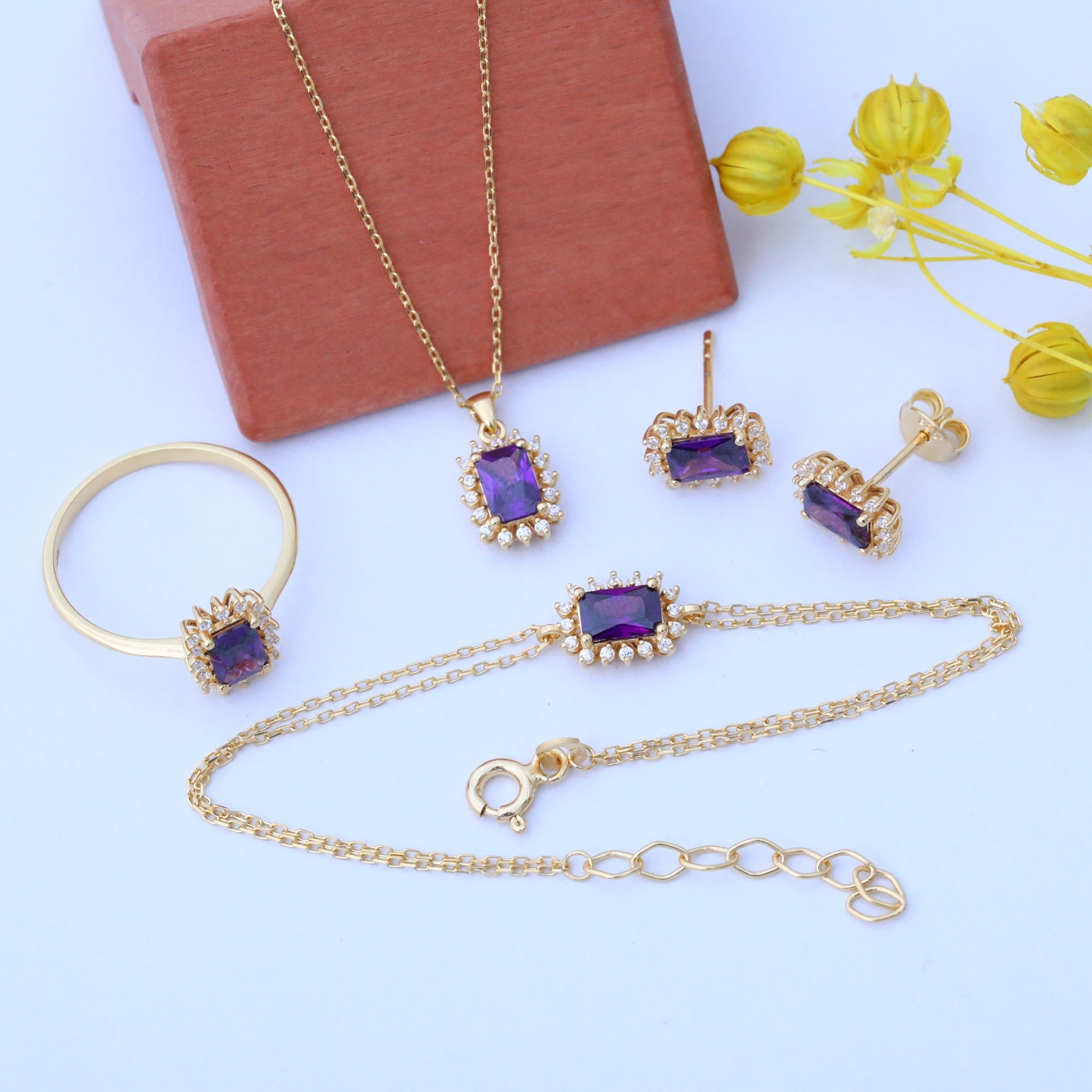 Amethyst Rectangle Halo Dangling Earrings surrounded by Real Diamonds in 14K Solid Gold, February Birthstone Jewelry Queen Jewelry Earrings