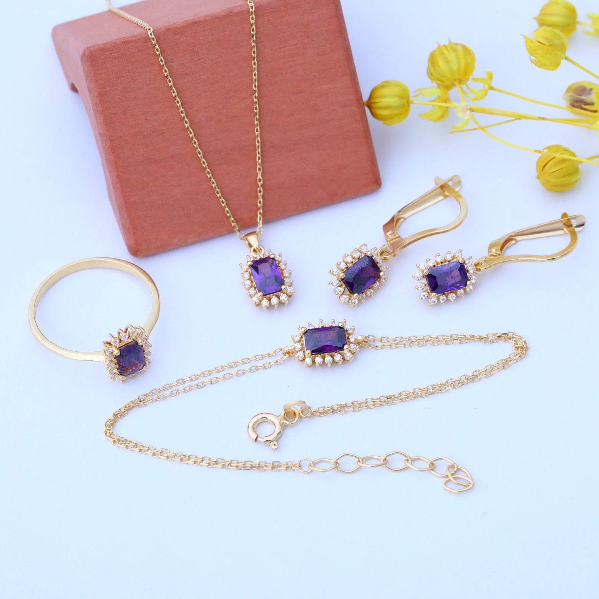 Amethyst Rectangle Halo Dangling Earrings surrounded by Real Diamonds in 14K Solid Gold, February Birthstone Jewelry Queen Jewelry Earrings