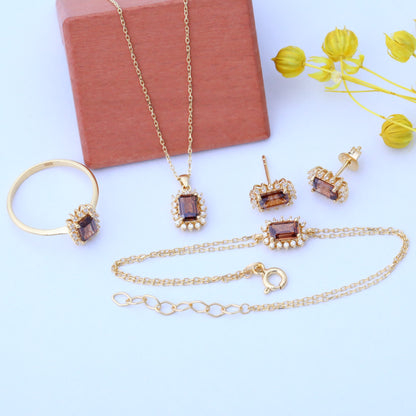 Smoky Quartz Rectangle Necklace Surrounded by Real Diamonds in 14K Solid Gold, Birthstone Jewelry Queen Jewelry Necklace