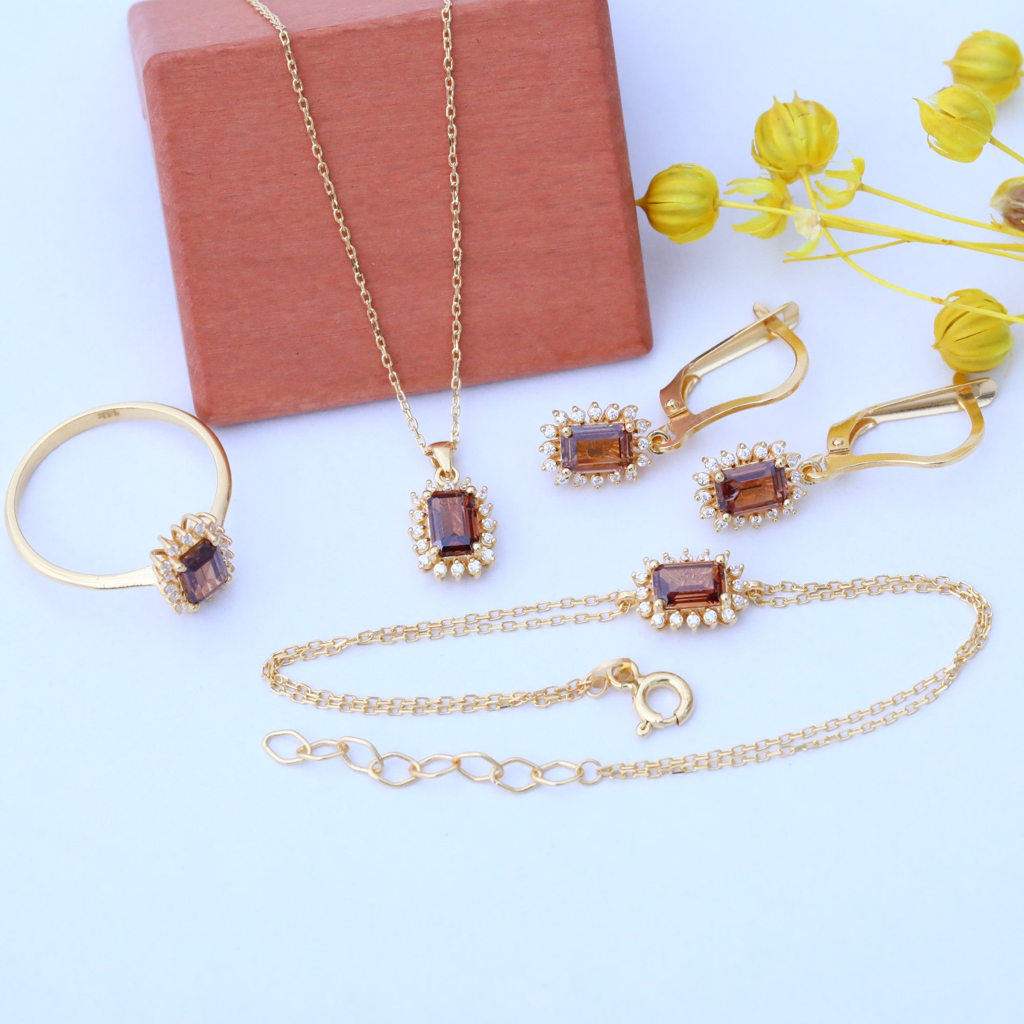 Smoky Quartz Rectangle Halo Dangling Earrings surrounded by Real Diamonds in 14K Solid Gold, Birthstone Jewelry Queen Jewelry Earrings