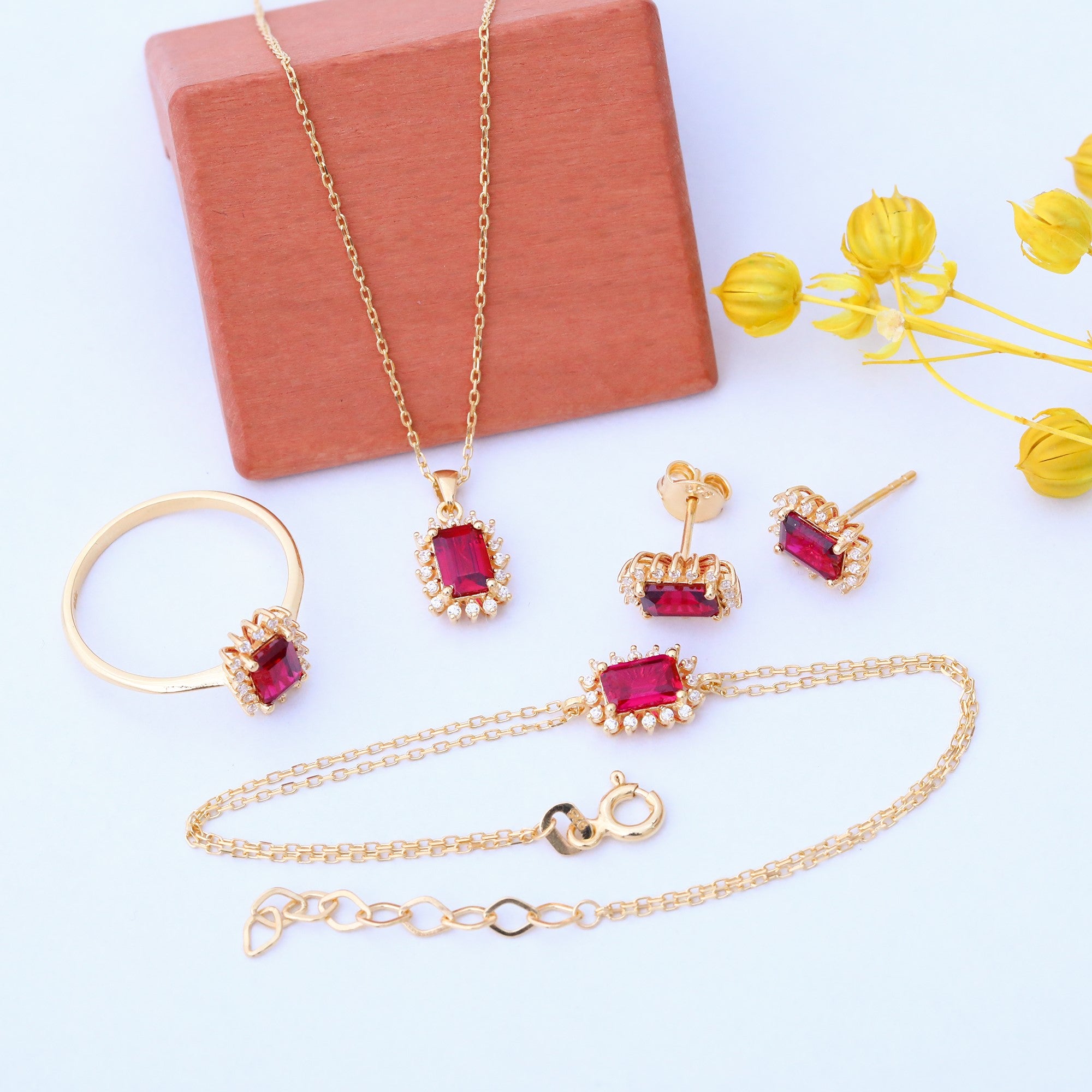 Ruby Rectangle Necklace Surrounded by Real Diamonds in 14K Solid Gold, July Birthstone Jewelry Queen Jewelry Necklace