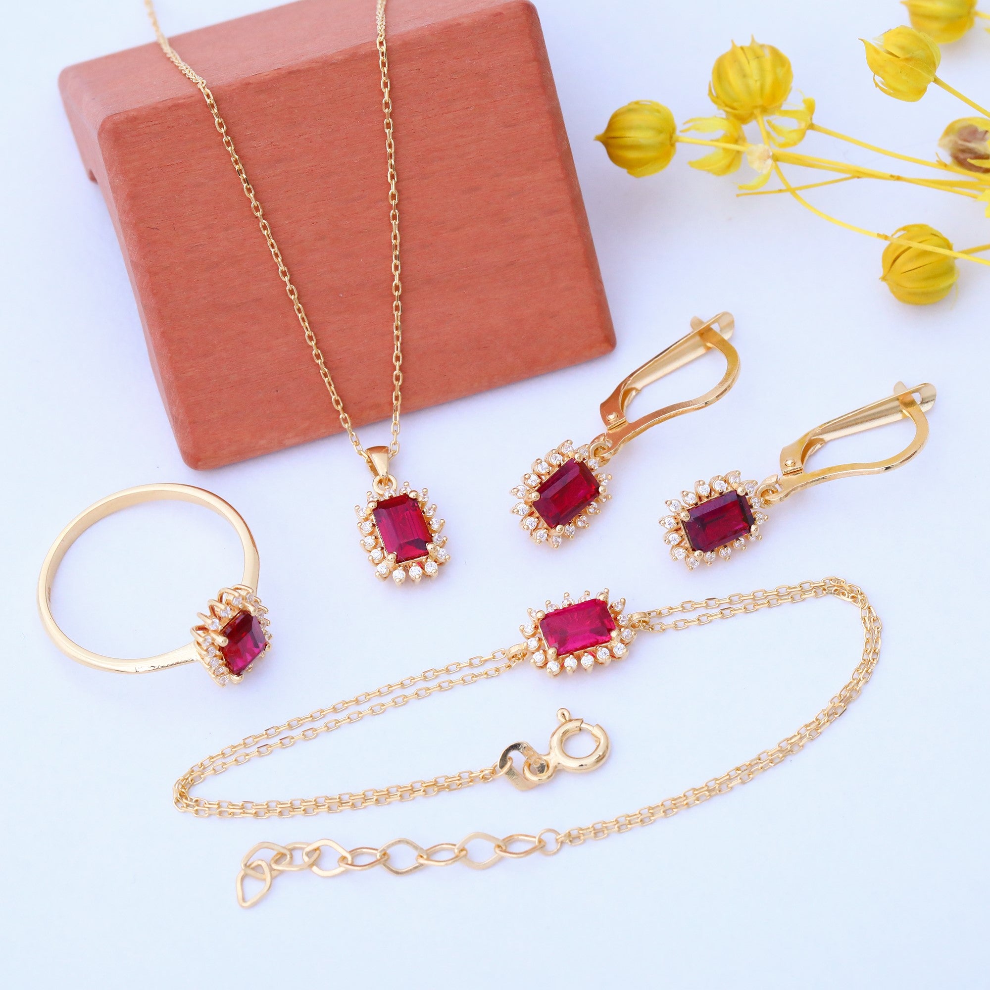 Ruby Rectangle Halo Dangling Earrings surrounded by Real Diamonds in 14K Solid Gold, July Birthstone Jewelry Queen Jewelry Earrings