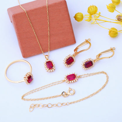 Ruby Rectangle Halo Dangling Earrings surrounded by Real Diamonds in 14K Solid Gold, July Birthstone Jewelry Queen Jewelry Earrings