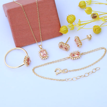 Citrine Rectangle Halo Stud Earrings surrounded by Real Diamonds in 10K/14K Solid Gold, November Birthstone Jewelry