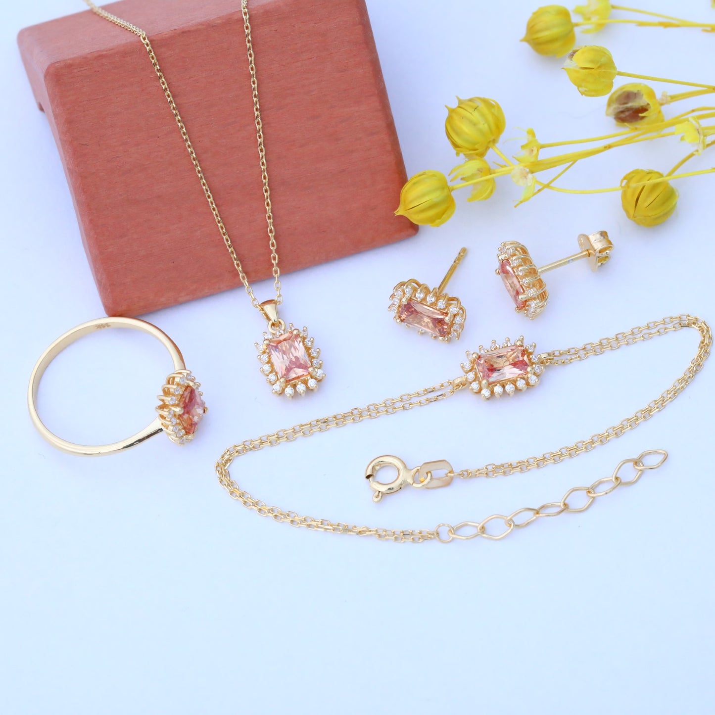 Citrine Rectangle Necklace Surrounded by Real Diamonds in 14K Solid Gold, November Birthstone Jewelry Queen Jewelry Necklace