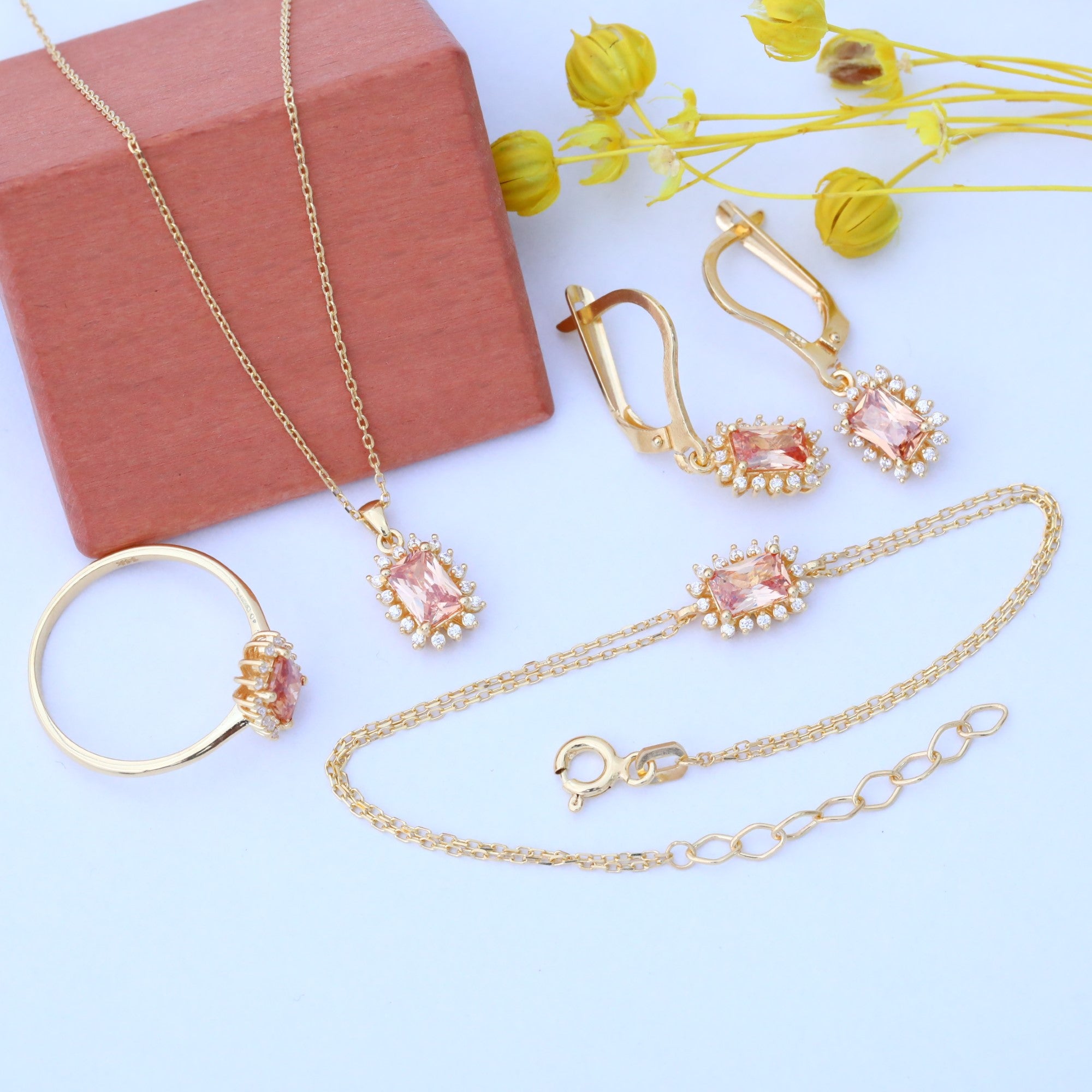 Citrine Rectangle Halo Dangling Earrings surrounded by Real Diamonds in 14K Solid Gold, November Birthstone Jewelry Queen Jewelry Earrings