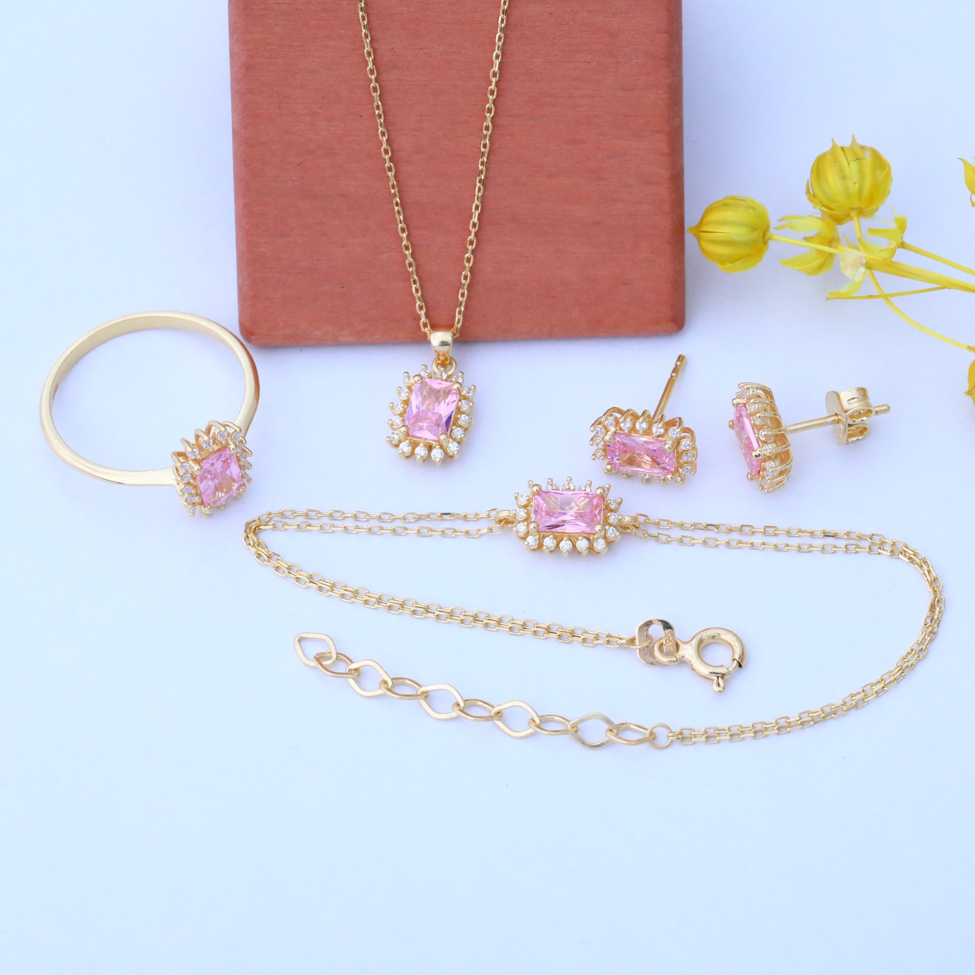 Pink Tourmaline Rectangle Necklace Surrounded by Real Diamonds in 14K Solid Gold, October Birthstone Jewelry Queen Jewelry Necklace