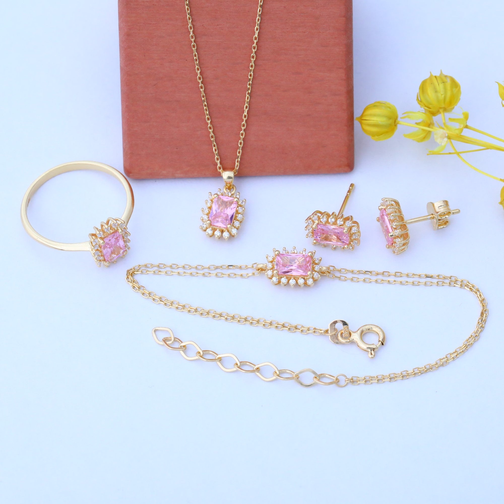 Pink Tourmaline Rectangle Halo Dangling Earrings surrounded by Real Diamonds in 14K Solid Gold, October Birthstone Jewelry Queen Jewelry Earrings