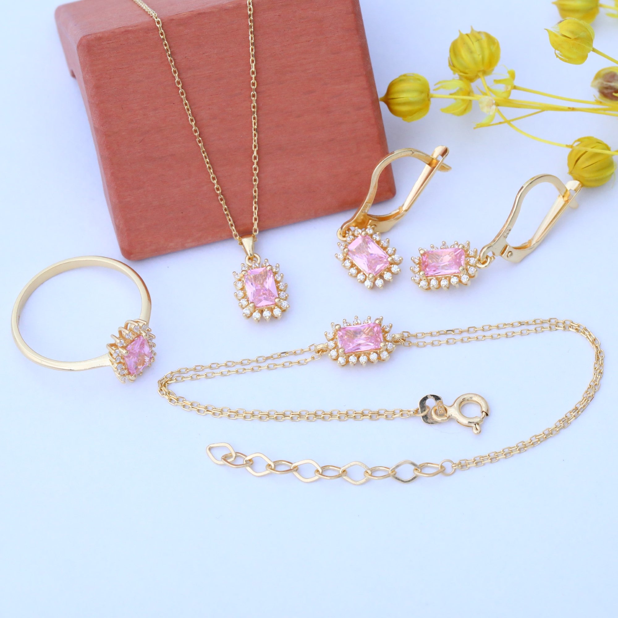 Pink Tourmaline Rectangle Halo Dangling Earrings surrounded by Real Diamonds in 14K Solid Gold, October Birthstone Jewelry Queen Jewelry Earrings