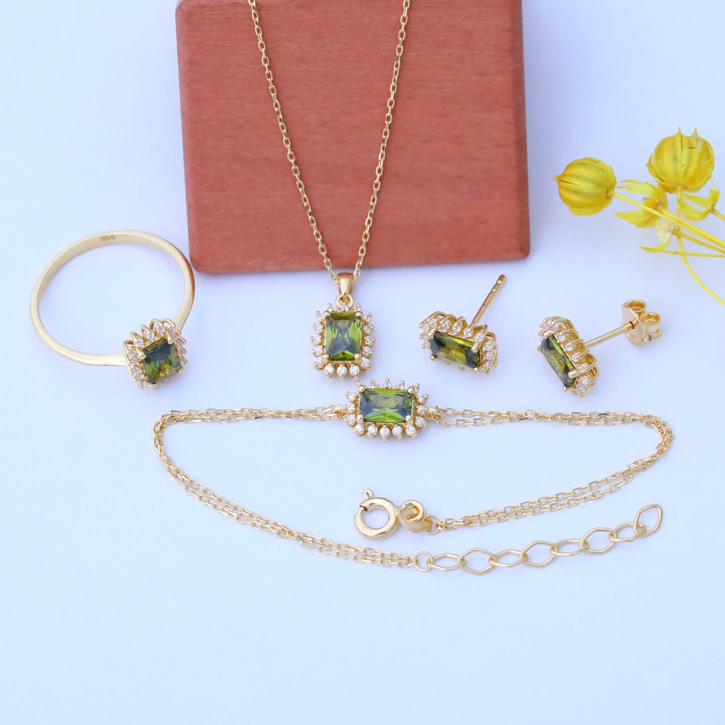 Peridot Rectangle Halo Stud Earrings surrounded by Real Diamonds in 10K/14K Solid Gold, August Birthstone Jewelry