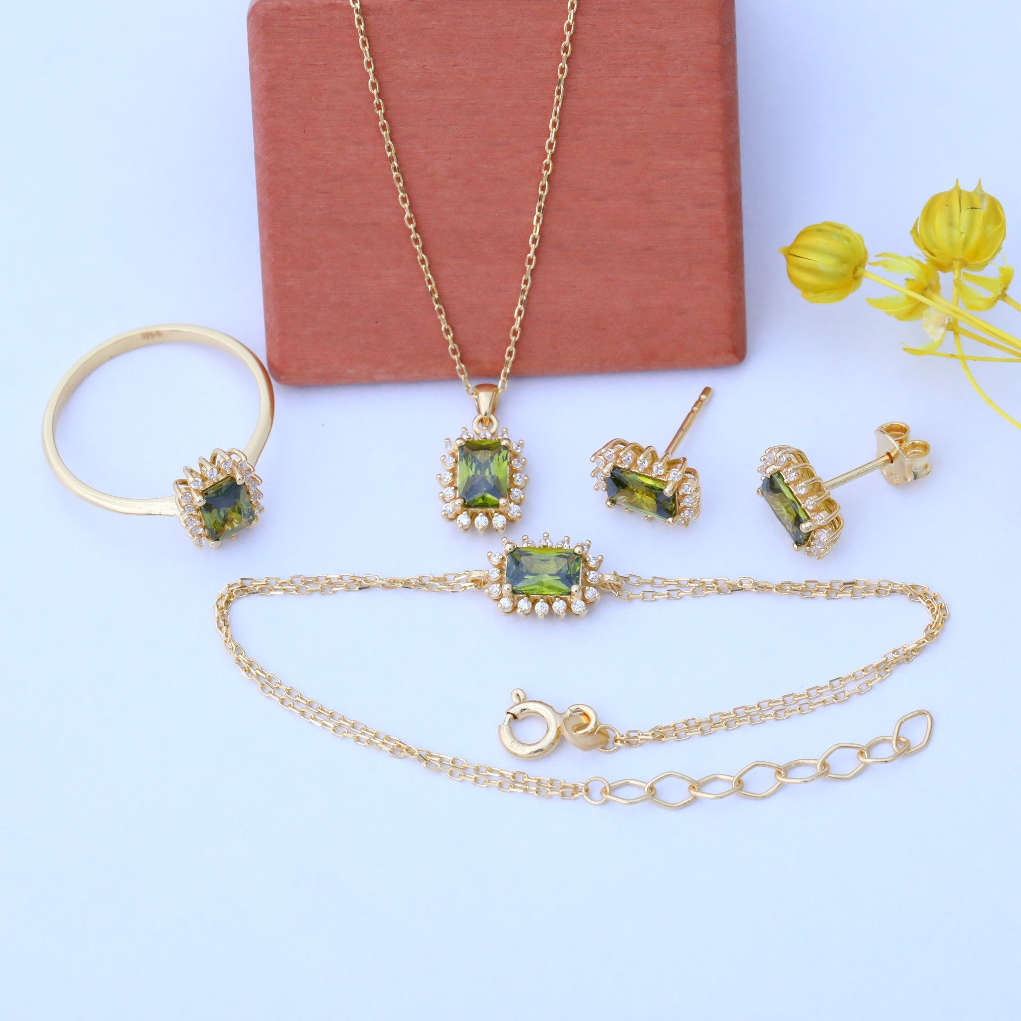 Peridot Rectangle Halo Dangling Earrings surrounded by Real Diamonds in 14K Solid Gold, August Birthstone Jewelry Queen Jewelry Earrings