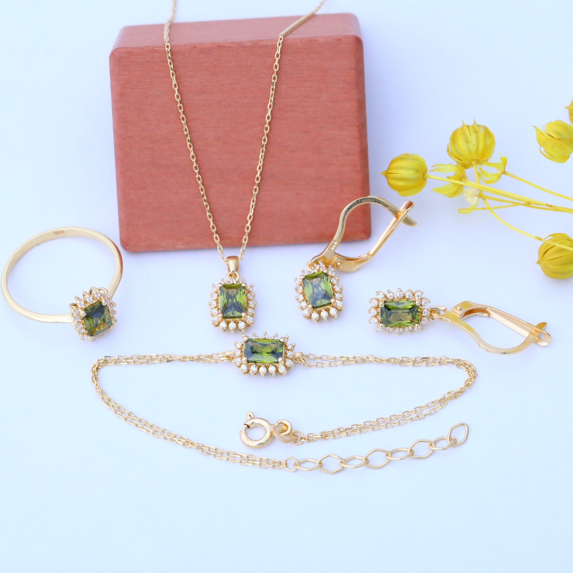 Peridot Rectangle Halo Dangling Earrings surrounded by Real Diamonds in 14K Solid Gold, August Birthstone Jewelry Queen Jewelry Earrings