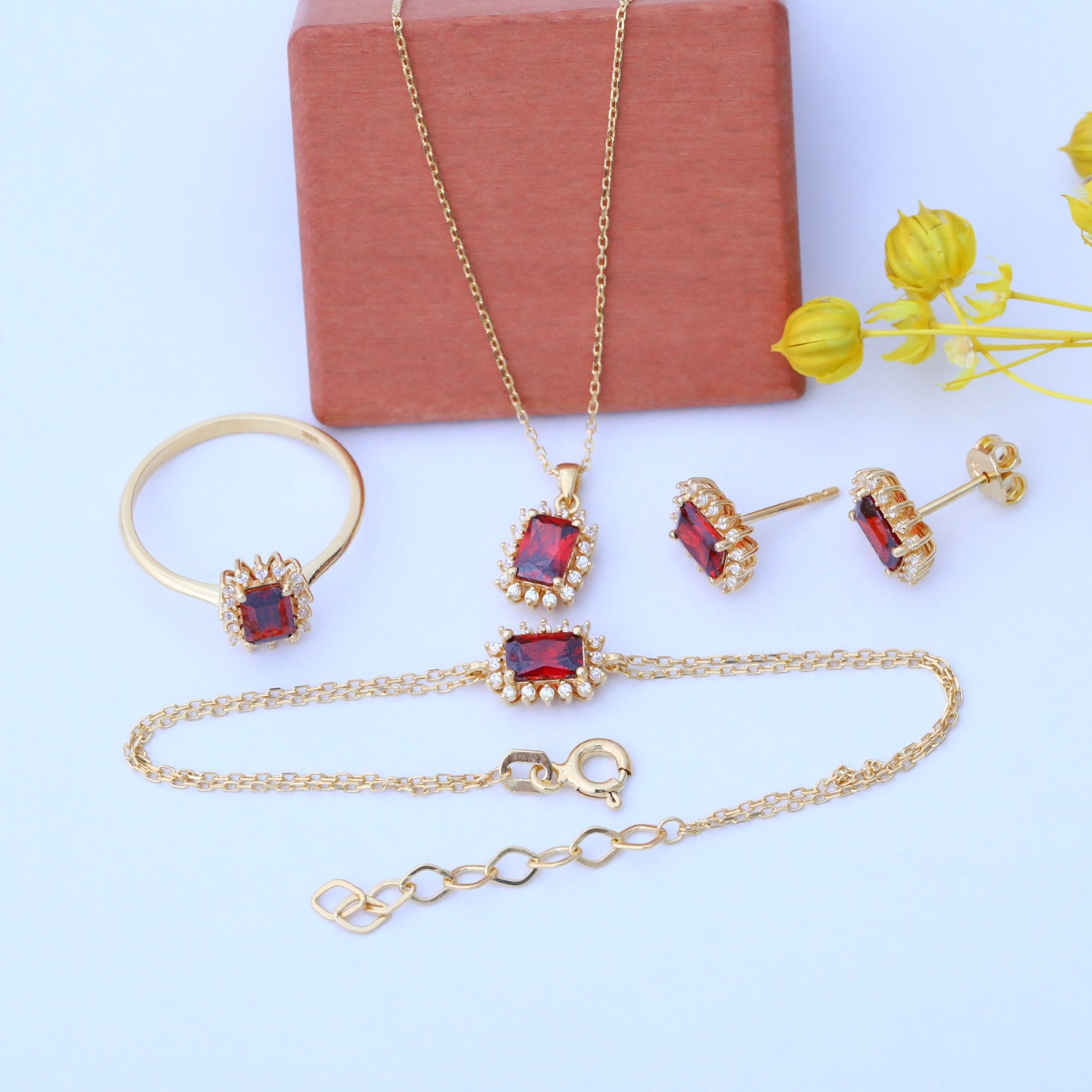 Garnet Rectangle Halo Dangling Earrings surrounded by Real Diamonds in 14K Solid Gold, January Birthstone Jewelry Queen Jewelry Earrings