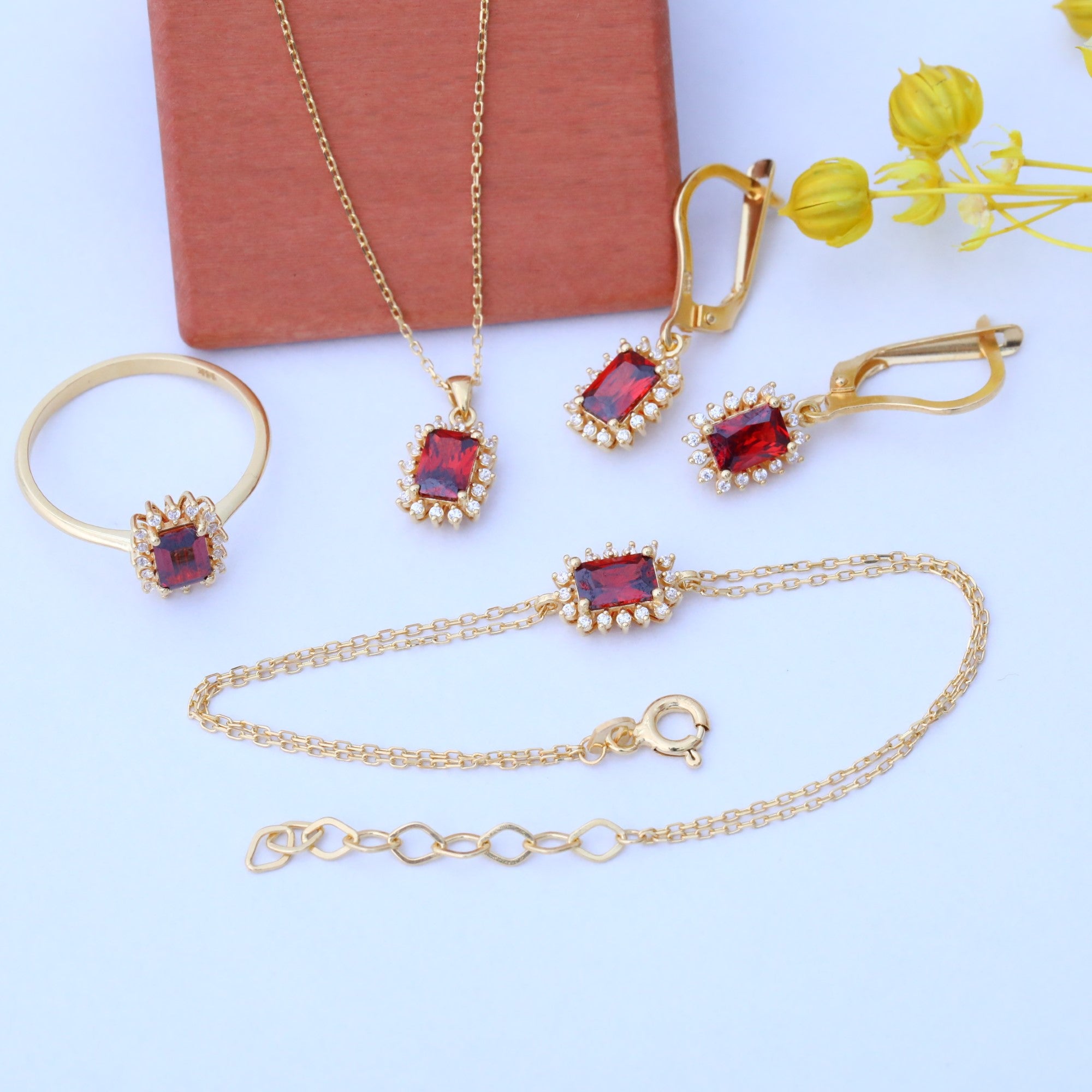 Garnet Rectangle Halo Dangling Earrings surrounded by Real Diamonds in 14K Solid Gold, January Birthstone Jewelry Queen Jewelry Earrings