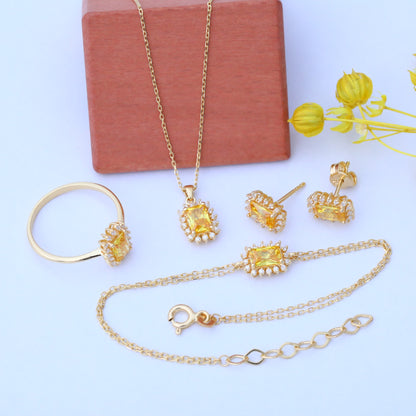 Yellow Topaz Rectangle Necklace Surrounded by Real Diamonds in 14K Solid Gold, Birthstone Jewelry Queen Jewelry Necklace