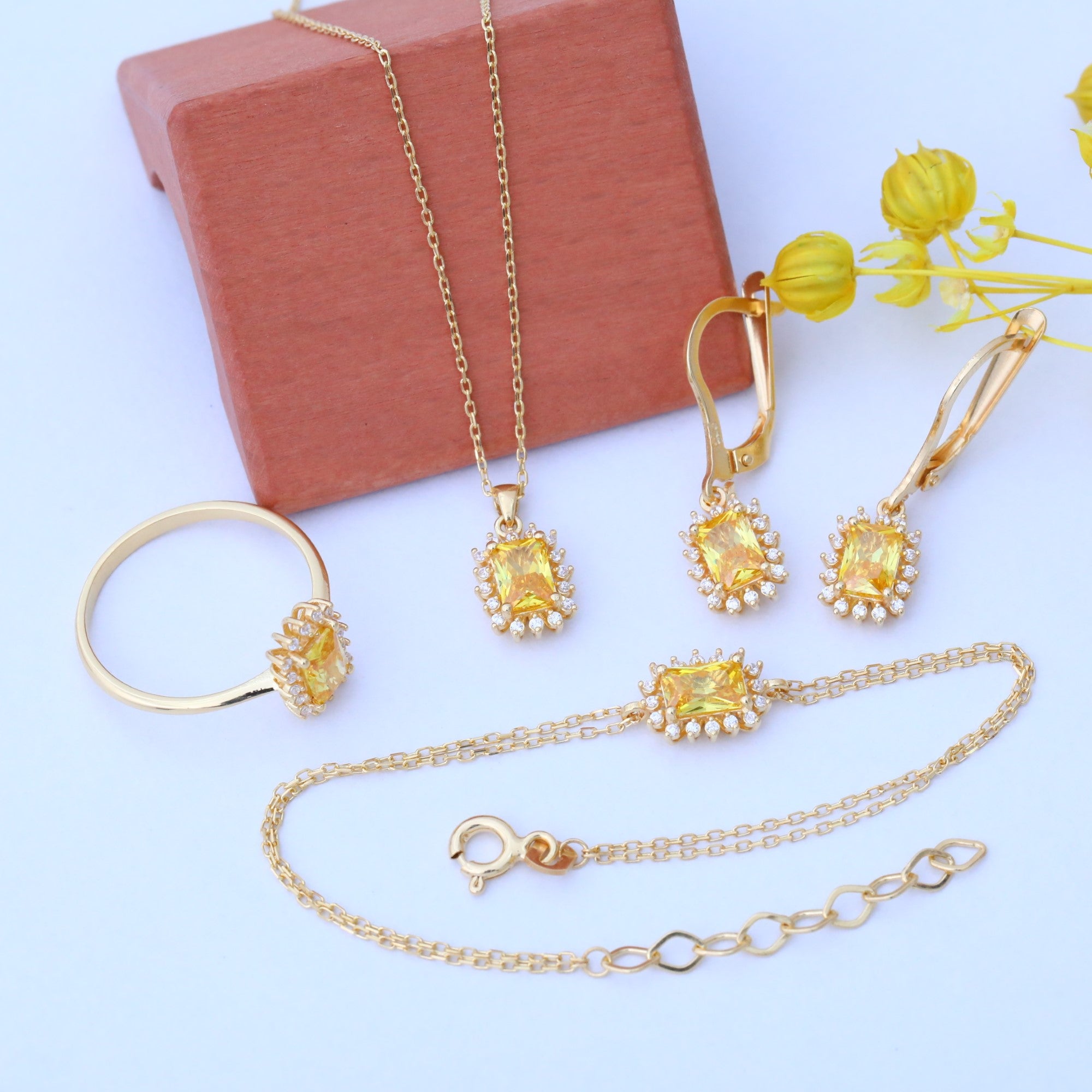 Yellow Topaz Rectangle Halo Dangling Earrings surrounded by Real Diamonds in 14K Solid Gold, Birthstone Jewelry Queen Jewelry Earrings