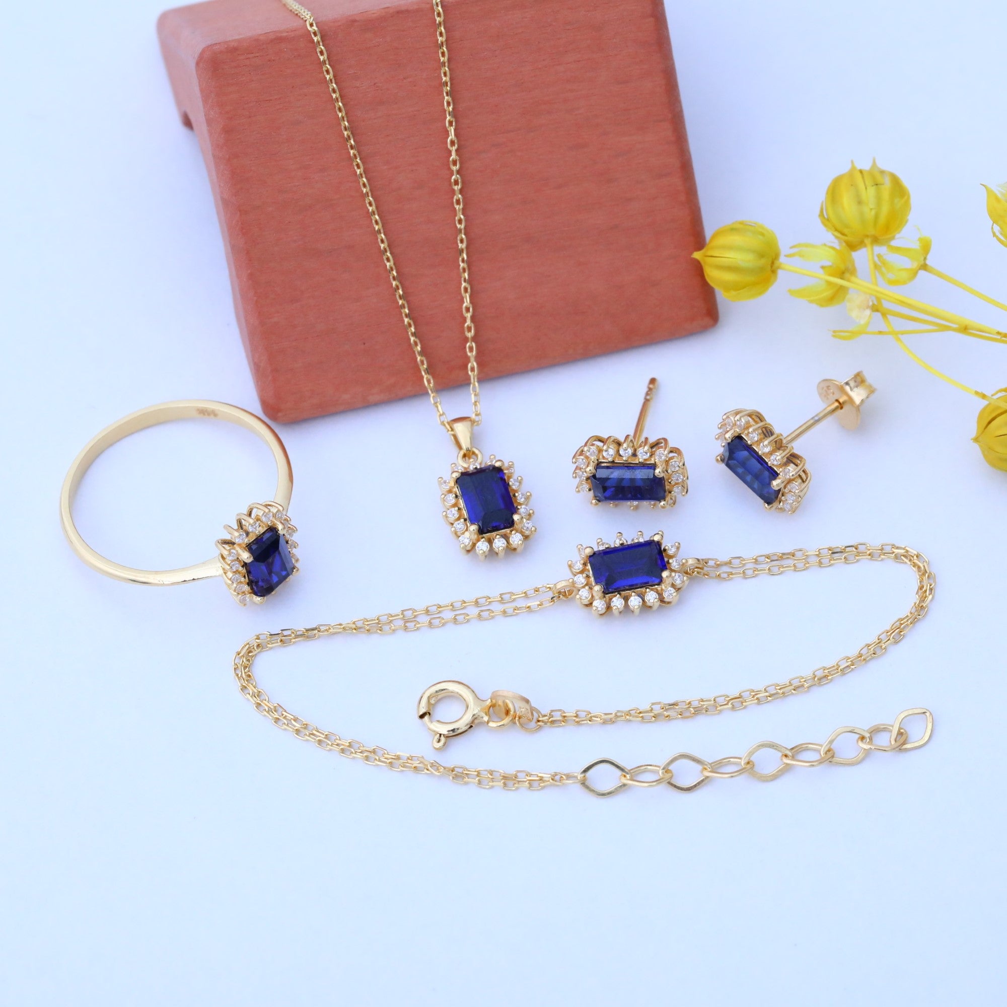 Sapphire Rectangle Necklace Surrounded by Real Diamonds in 14K Solid Gold, September Birthstone Jewelry Queen Jewelry Necklace